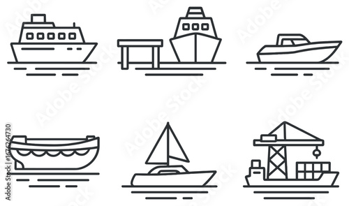 Marine transportation linear icon set. featuring cargo ship, dock, ferry, raft, sailboat, and speedboat symbols