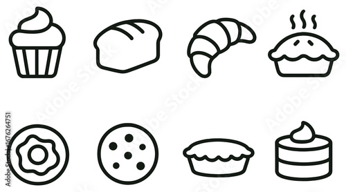 Bakery goods linear icon set. featuring cupcake, bread, croissant, pie, donut, cookie, and cake symbols