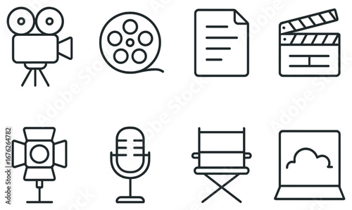 Film and media linear icon set. featuring camera, film reel, script, clapperboard, light, microphone, director chair, laptop