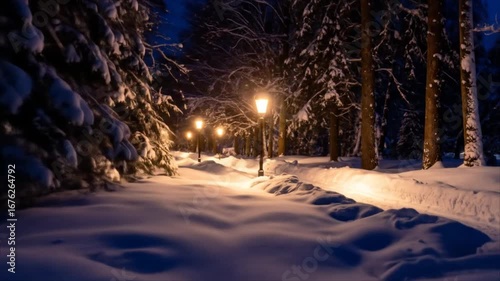 Snowy path at night under trees