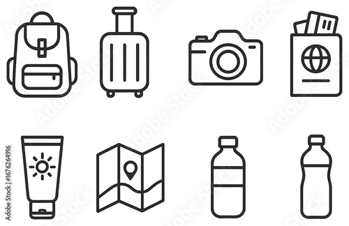 Travel essentials linear icon set. featuring backpack, suitcase, camera, passport, sunscreen, map, water bottle