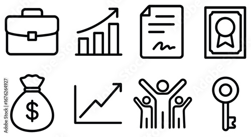 Business success linear icon set. featuring briefcase, graphs, document, certificate, money bag, team, key