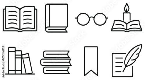 Literary themed linear icon set. featuring open book, closed book, glasses, candle book, bookshelf, stacked books, bookmark, quill