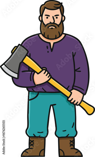 Bearded man lumberjack holding axe standing firm in casual outdoor clothing vector illustration 