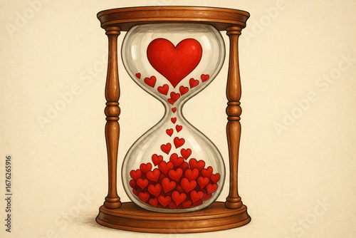 Hourglass with red hearts flowing instead of sand 
