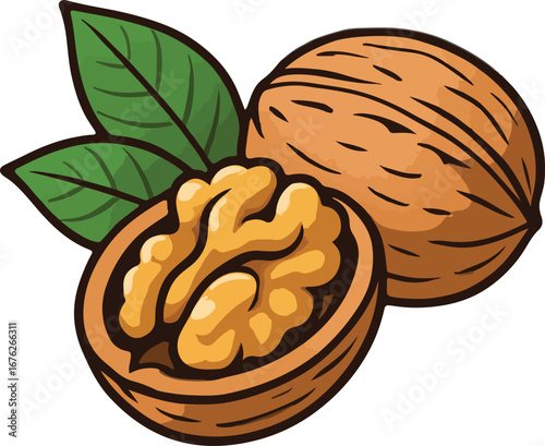 Cracked Walnut with Shell and Green Leaves Illustration