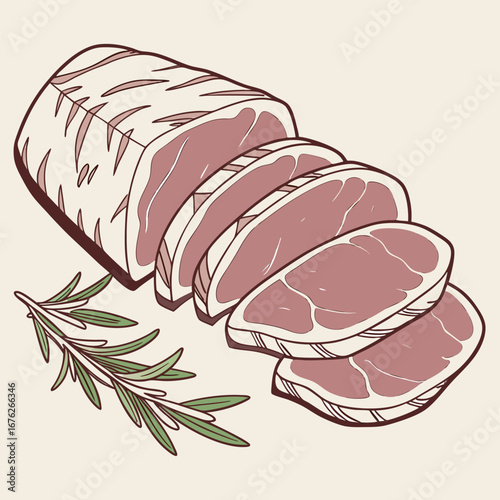 Realistic vector illustration of fresh sliced pork tenderloin, appetizing and detailed, ideal for shop and farm posters