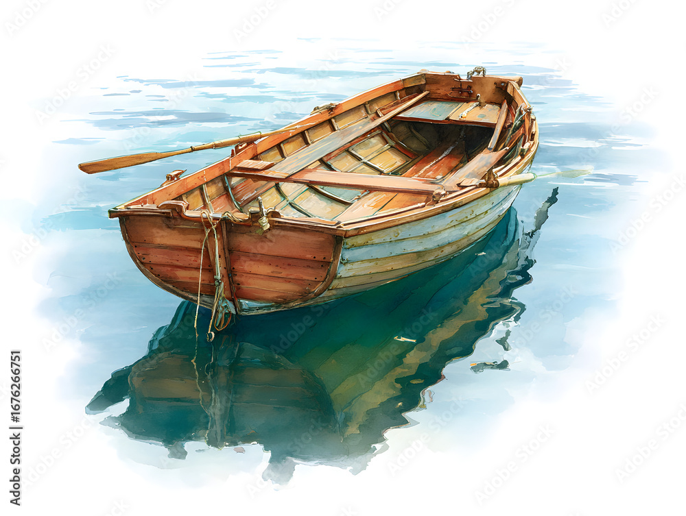 Obraz premium Watercolor Painting of a Wooden Rowboat on Water with Reflection - Nautical Illustration, Art, and Travel Theme