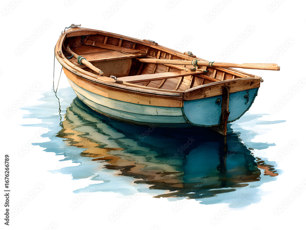 Obraz premium Watercolor Rowing Boat Illustration: Nautical Vessel with Oars and Reflections on Water