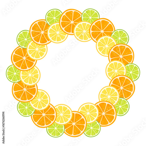 Cute circular frame with fresh and juicy citrus fruits on a white background. Summer wreath with slices of orange, lemon and lime. Vector illustration.