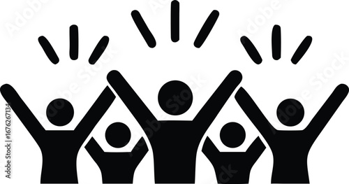 Flat Isometric Vector of Cheering Crowd Silhouettes – Excited Audience with Raised Arms, Applauding Fans and Stadium Spectators
