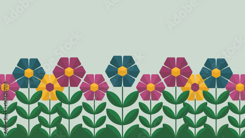 Vibrant geometric floral border brings cheerful spring vibes to any design project