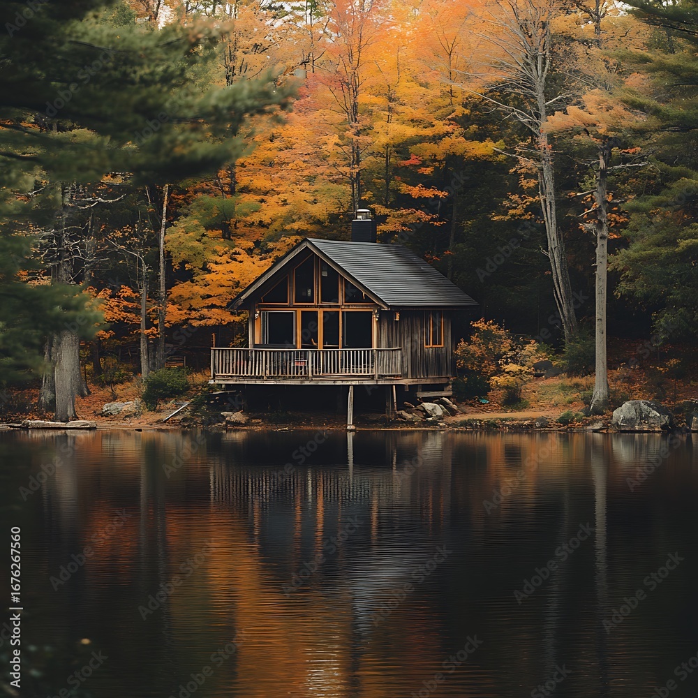 Fototapeta premium Tranquil autumn cabin with boat by quiet lakeside high resolution picture