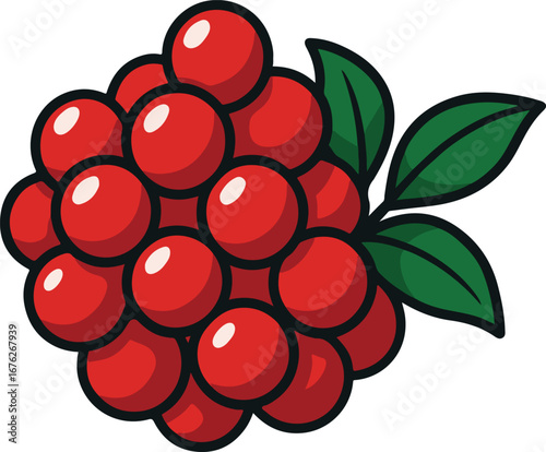 Red Berry Cluster with Green Leaves Cartoon Illustration