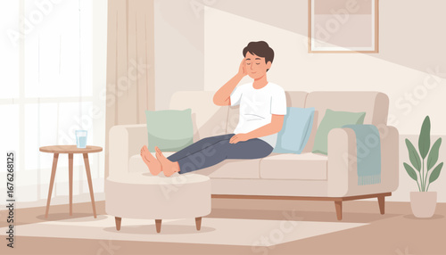 Man sitting on a beige couch, appearing distressed, in a light-filled living room.