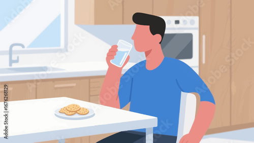 A man in a blue shirt drinks water from a glass in a kitchen setting.
