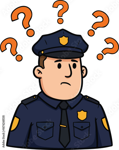Police officer confused with question marks above head in cartoon style vector illustration 