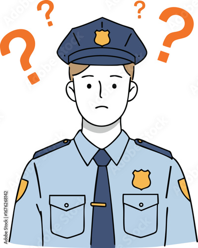 Confused police officer in uniform with question marks above head vector illustration 