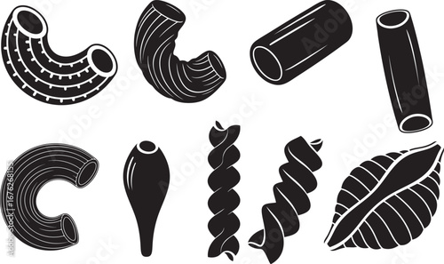 Pasta Shapes Icon Set – Black and White Vector Illustrations of Italian Macaroni, Penne, Fusilli, and More
