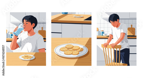 A young man enjoying a light meal and drink in a bright kitchen setting, depicted in three sequential panels.