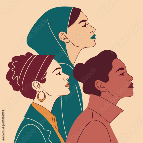 Close-up profile portraits of three diverse women vector