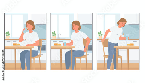 Woman experiencing back pain after sitting at kitchen table eating.