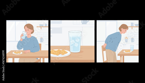 A woman consuming water and snacks, then experiencing discomfort, represented across three panels.