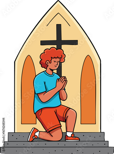 Person kneeling in prayer inside church with cross on wall religious faith scene vector illustration 