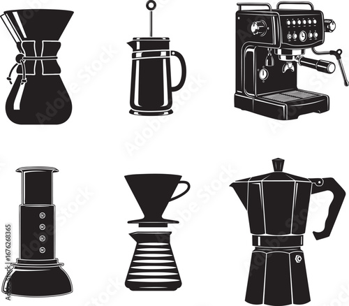 Coffee Maker Icon Set – Black and White Vector Illustrations of Espresso Machines and Brewing Devices
