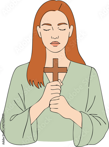Woman with closed eyes holding wooden cross in prayer and spiritual meditation vector illustration 