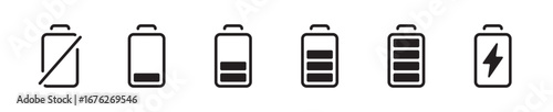 Battery energy recharge power flat outline icons set vector illustration. Isolated on transparent background. Editable stroke, pixel perfect