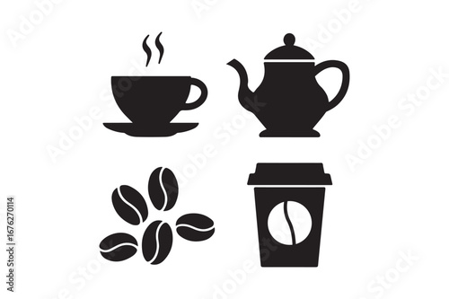 Coffee icons cup pot beans and to go cup