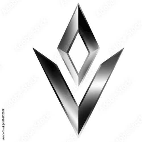 Sleek 3D metallic V-shaped emblem with a floating diamond featuring a polished chrome texture and sharp edges on isolated transparent background.