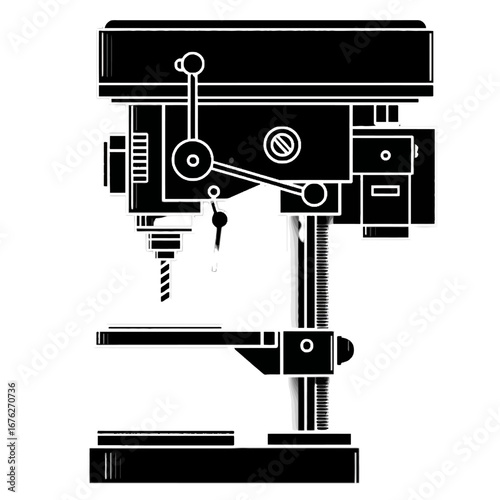 Monochrome silhouette illustration of a stationary workshop drill press machine on isolated transparent background.