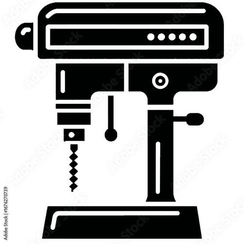 Bold black glyph icon of a stationary workshop drill press with a serrated bit on isolated transparent background.