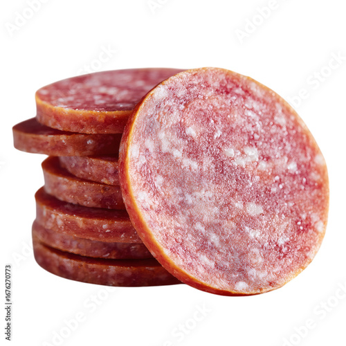 Pile of sliced salami fresh meat delicatessen arrangement delicious cured sausage slices isolated on white background food photography