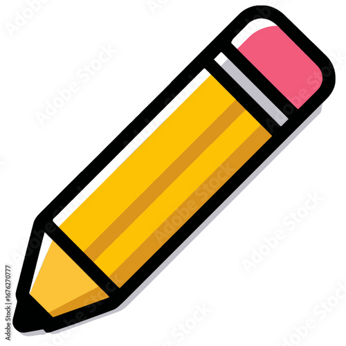 Bold cartoon icon of a classic yellow pencil with a pink eraser and a sharpened graphite tip on isolated transparent background.