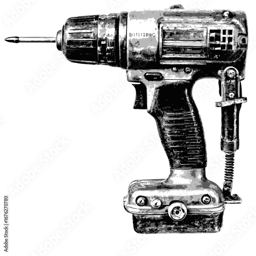 High-contrast black and white graphic illustration of a worn industrial cordless power drill on isolated transparent background.
