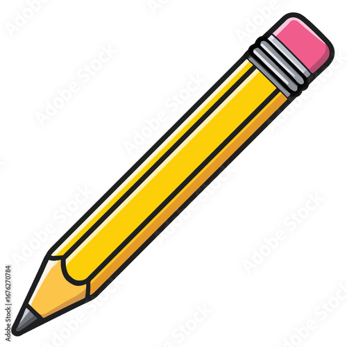 A classic yellow pencil with a sharpened graphite tip and pink eraser depicted in a bold cartoon vector style on isolated transparent background.