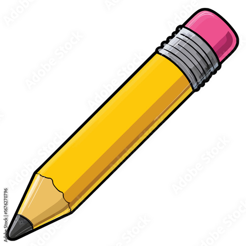 Illustrated classic yellow pencil with a sharpened graphite tip and pink eraser on isolated transparent background.