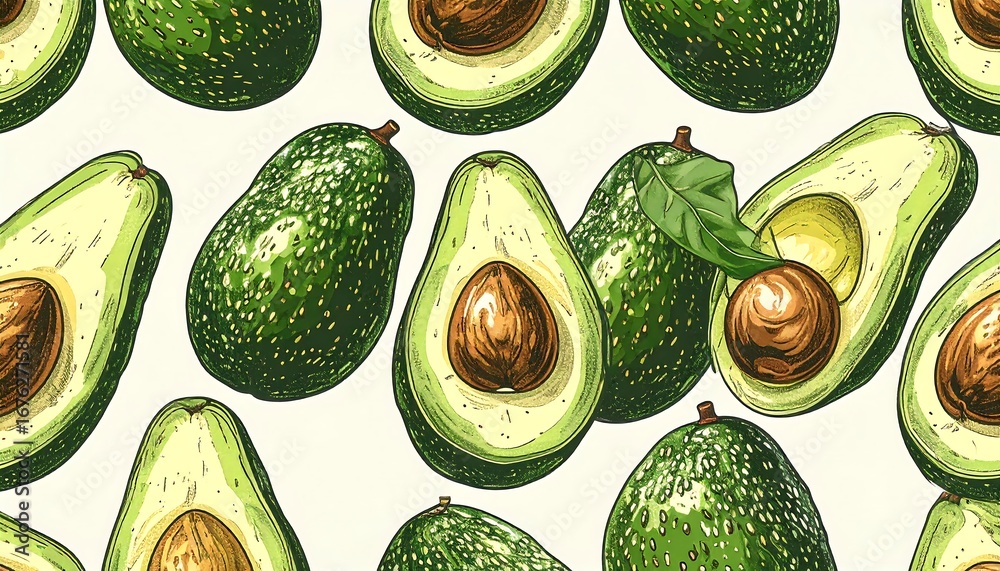Avocado halves and whole fruits pattern Avocado halves and whole fruits pattern