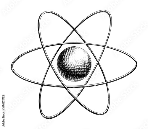 Atom model in a stippled engraving style in black and white