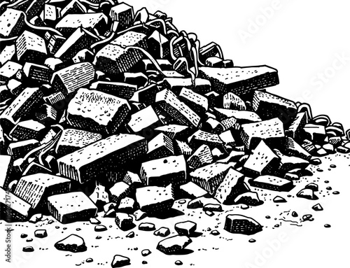 Rubble pile of bricks and metal in woodblock style, black and white