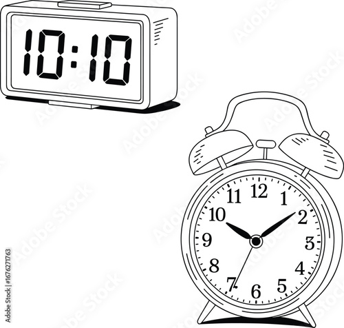 Set of two clocks, digital and analog alarm clock designs showing same time, timepiece collection, black and white line art, detailed vector illustration