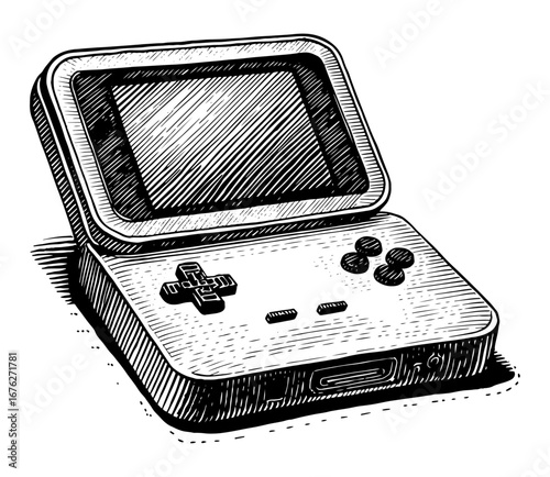 A retro handheld game console in a black and white woodcut style