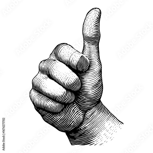 A positive hand giving a thumbs-up gesture in an engraved style