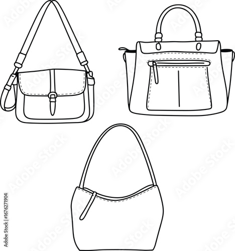 Set of three handbags, crossbody tote and hobo bag designs, fashion accessory collection, black and white line art, detailed vector illustration, stylish women’s purse drawing