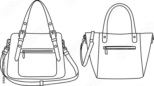 Set of two handbags, structured and casual purse designs, fashion accessory collection, black and white line art, detailed vector illustration, stylish women’s bag drawing