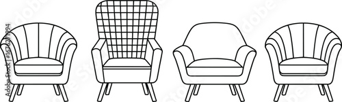 Set of four armchair designs, modern and classic seating styles, upholstered furniture collection, black and white line art, detailed vector interior illustration