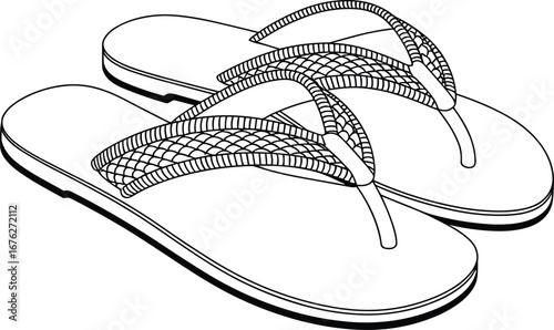 Flip flops summer footwear, casual beach sandals, thong style slippers, textured strap design, open toe shoes, flat sole comfort, black and white vector illustration